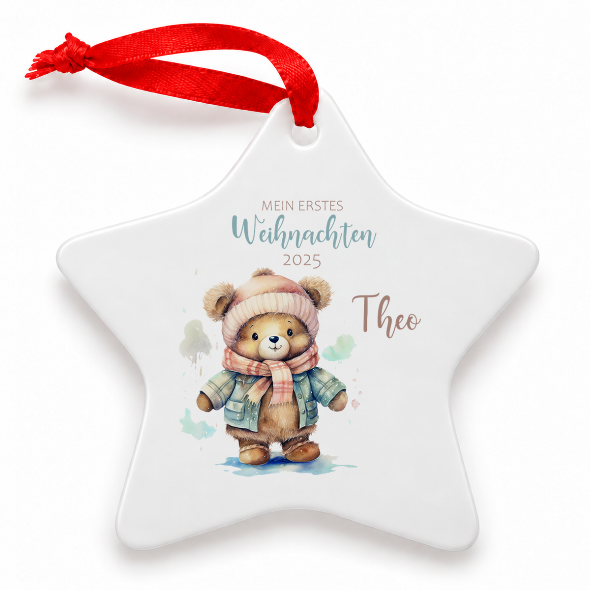 Weihnachtsanhänger personalisiert Teddy – mein erstes Weihnachten mit Wunschnamen – Rund, Stern, Herz oder Glocke