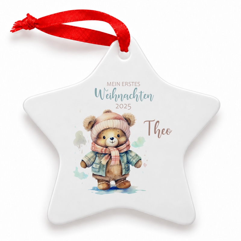 Weihnachtsanhänger personalisiert Teddy – mein erstes Weihnachten mit Wunschnamen – Rund, Stern, Herz oder Glocke