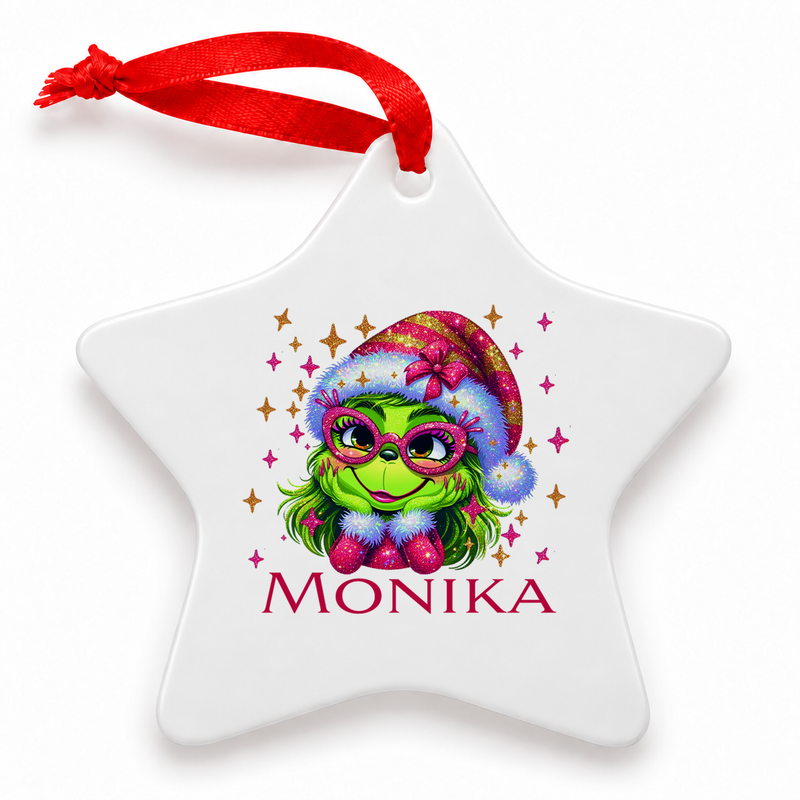 Weihnachtsanhänger personalisiert Lady-Grinch 1 mit Wunschnamen – Rund, Stern, Herz oder Glocke