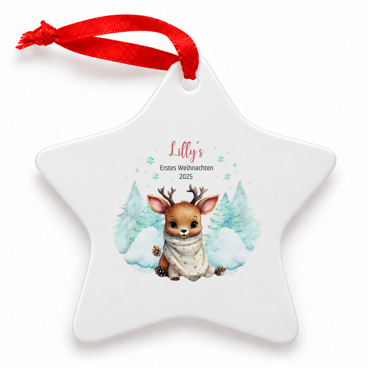 MUCKKI-PRO:e060c060669c3ca2469e6ca00b1ce609cae1eeec78ae651068aafba1d08a75ba:Weihnachtsanhänger personalisiert Rentier Baby mit Wunschnamen – Rund, Stern, Herz oder Glocke