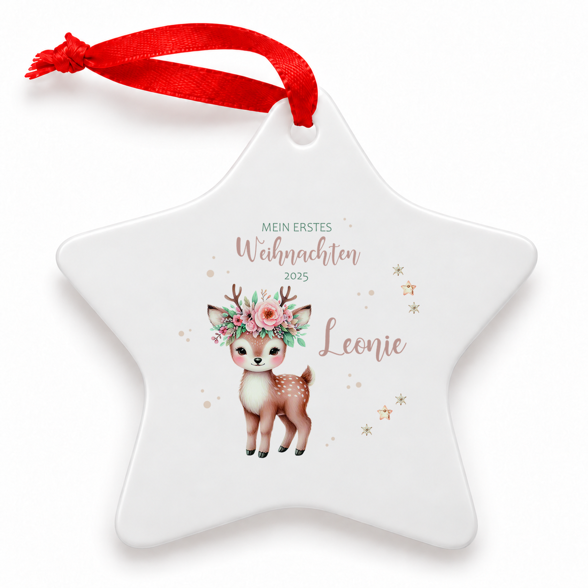 MUCKKI-PRO:5c1c9fb3b9bd41419effba3266ea860c5c168f2be5dcc8fbaf5b0c1a89712ae9:Weihnachtsanhänger personalisiert Reh – mein erstes Weihnachten mit Wunschnamen – Rund, Stern, Herz oder Glocke