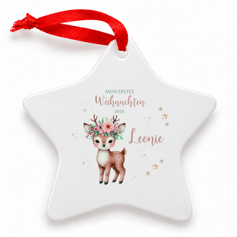 Weihnachtsanhänger personalisiert Reh – mein erstes Weihnachten mit Wunschnamen – Rund, Stern, Herz oder Glocke