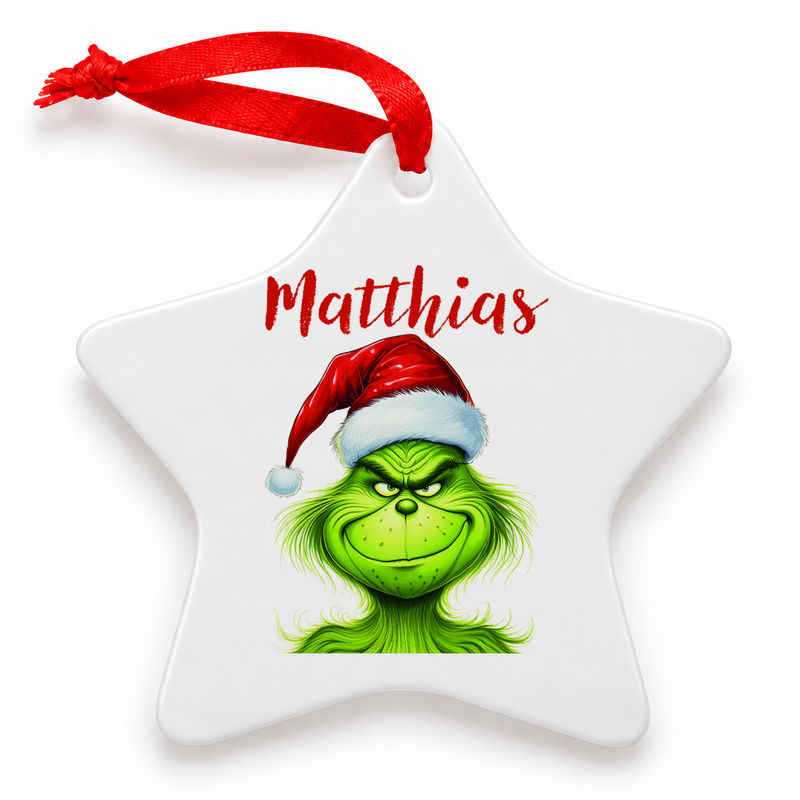 Weihnachtsanhänger personalisiert Grinch 3 mit Wunschnamen – Rund, Stern, Herz oder Glocke