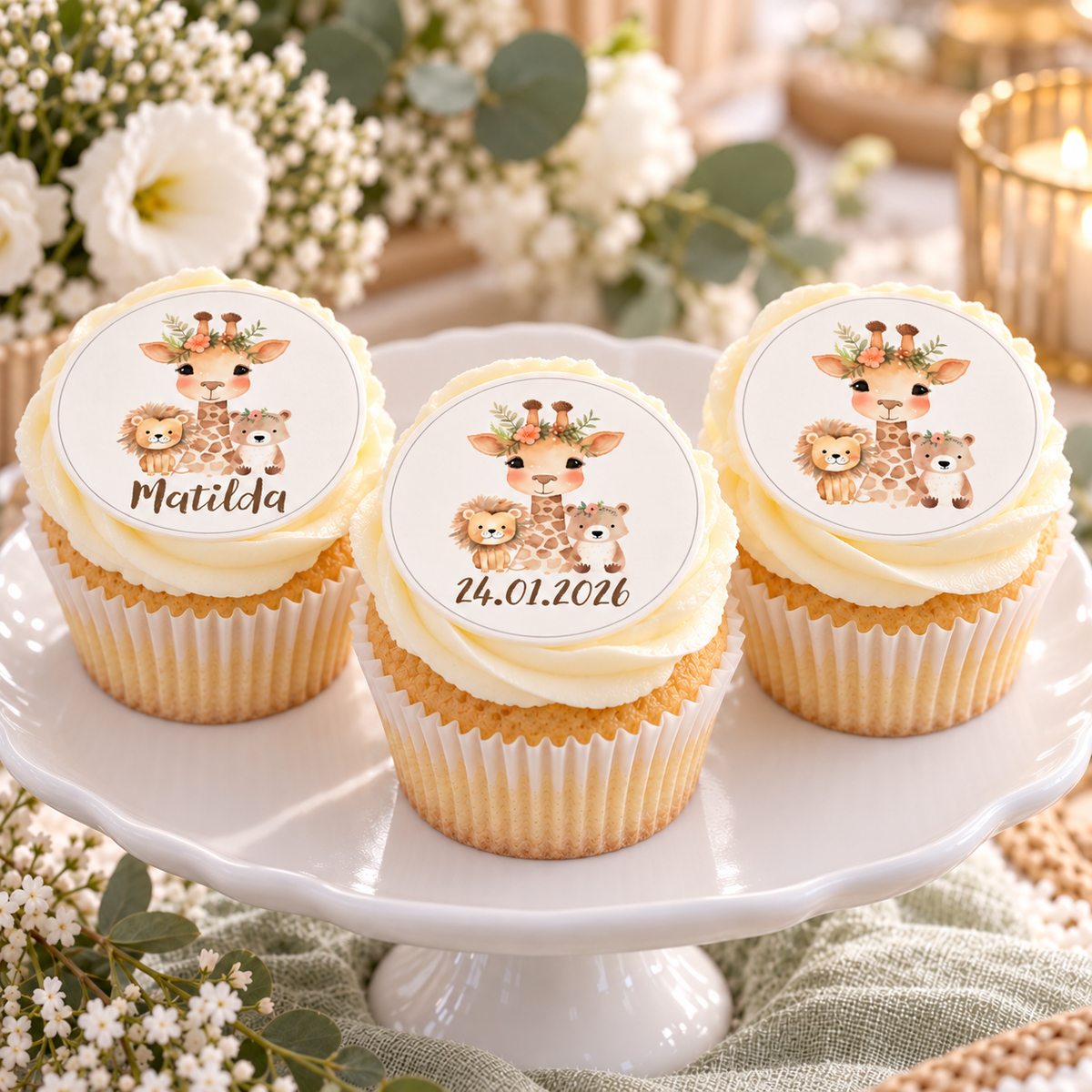 Muffinaufleger Taufe Safari 1 – 4 cm (20 Stück) oder 6 cm (12 Stück) mit Name und Taufdatum