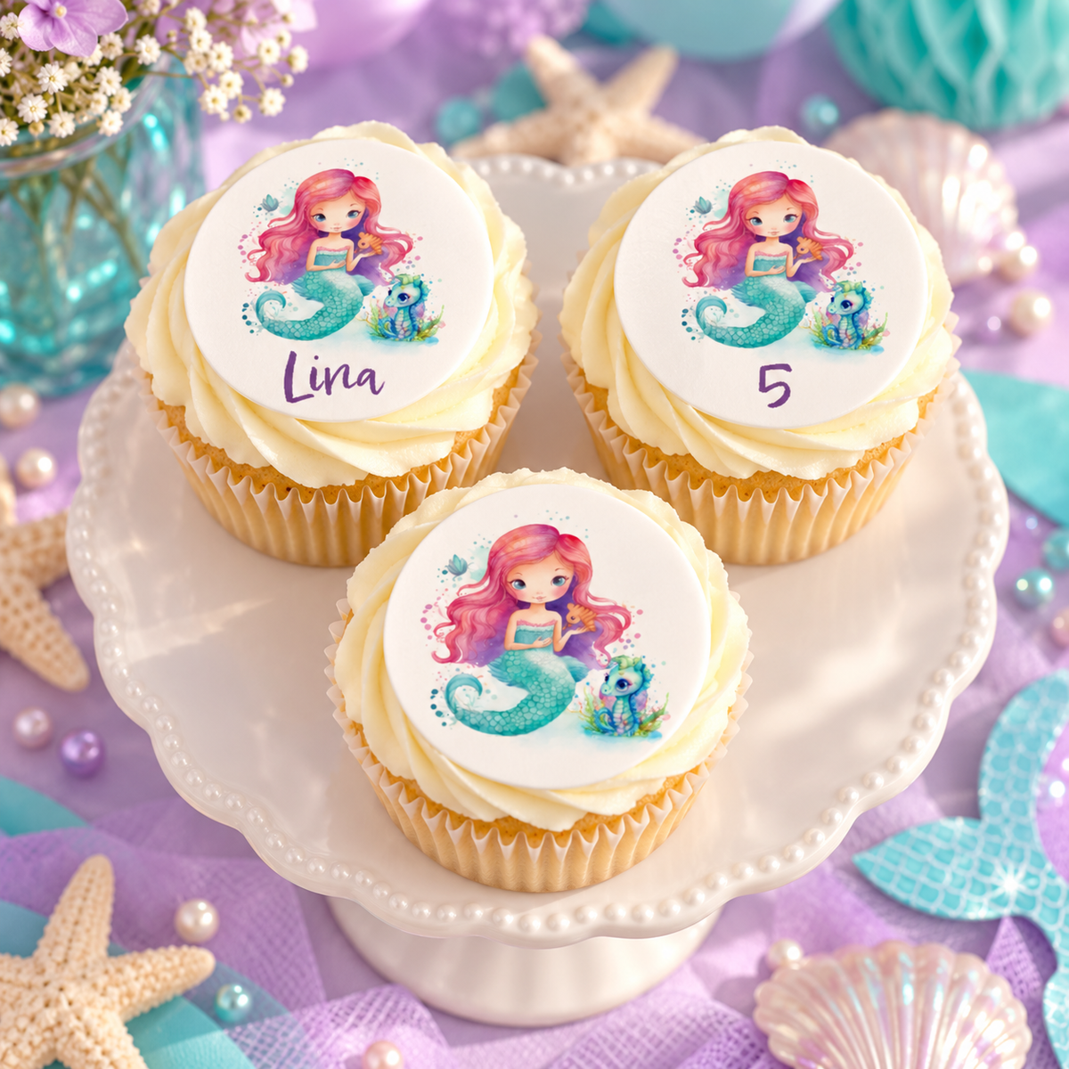 Muffinaufleger Geburtstag Meerjungfrau 1 – 4 cm (20 Stück) oder 6 cm (12 Stück) mit Name und Alter