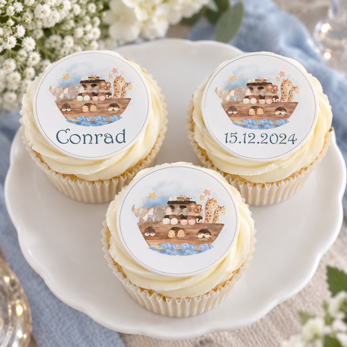 Muffinaufleger Taufe Arche Noah 1 – 4 cm (20 Stück) oder 6 cm (12 Stück) mit Name und Taufdatum