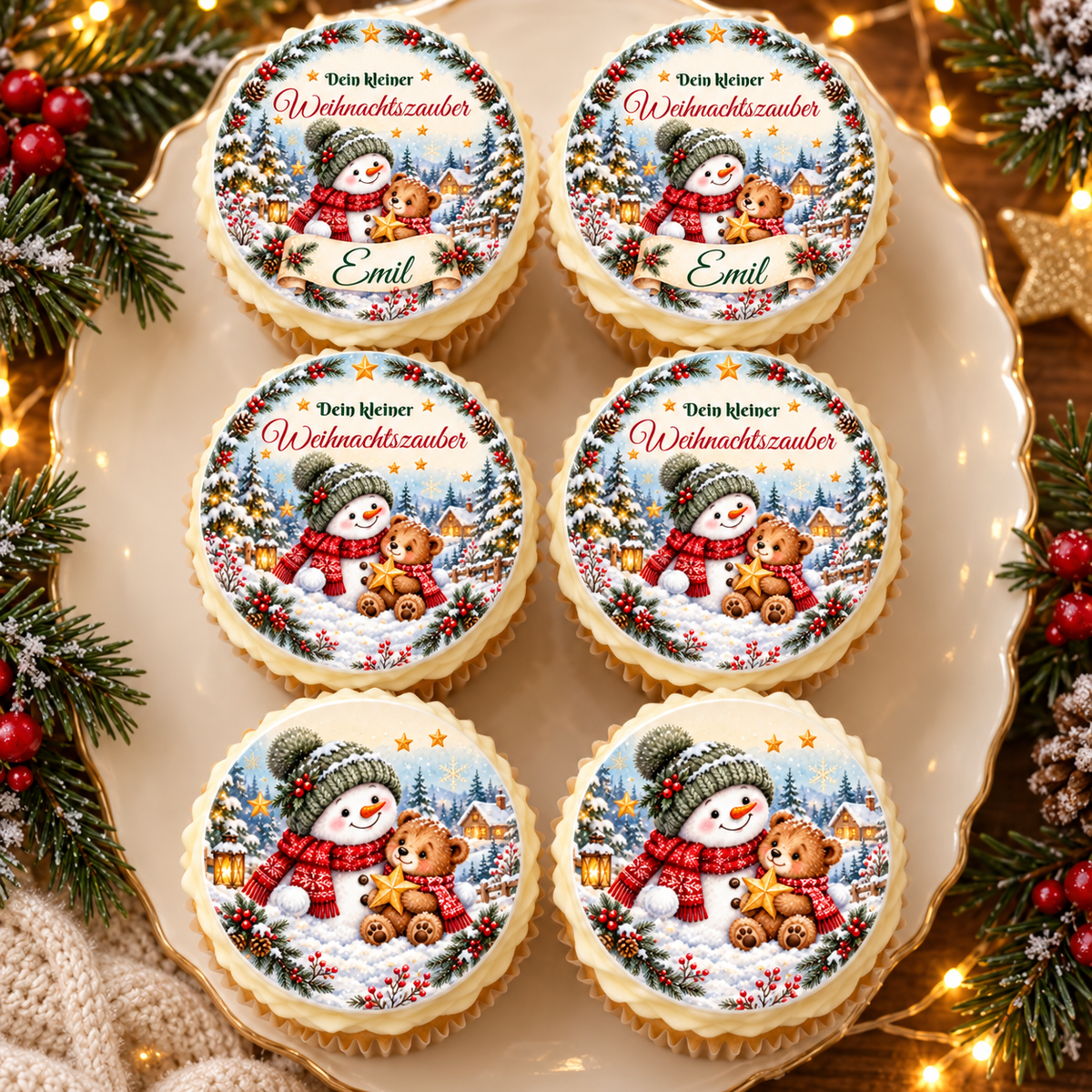 MUCKKI-PRO:16fe6fdc94c1cdbd08903fbb711564209a677d0c0a1c8ddddacf1edc73047c9b:Muffinaufleger Weihnachten Schneemann & Bär – personalisiert mit Wunschname – 4 cm oder 6 cm