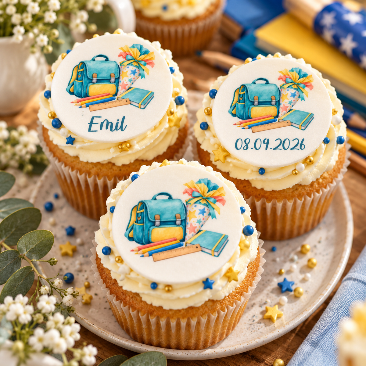 MUCKKI-PRO:2388bcedd241b8253294392c720b6dac61ee3f7600d43829ff1e5f38bfee143a:Muffinaufleger Schulanfang 1 mit Kind und Fuchs, Wunschname & Jahr – 4 cm (20 Stück) oder 6 cm (12 Stück)