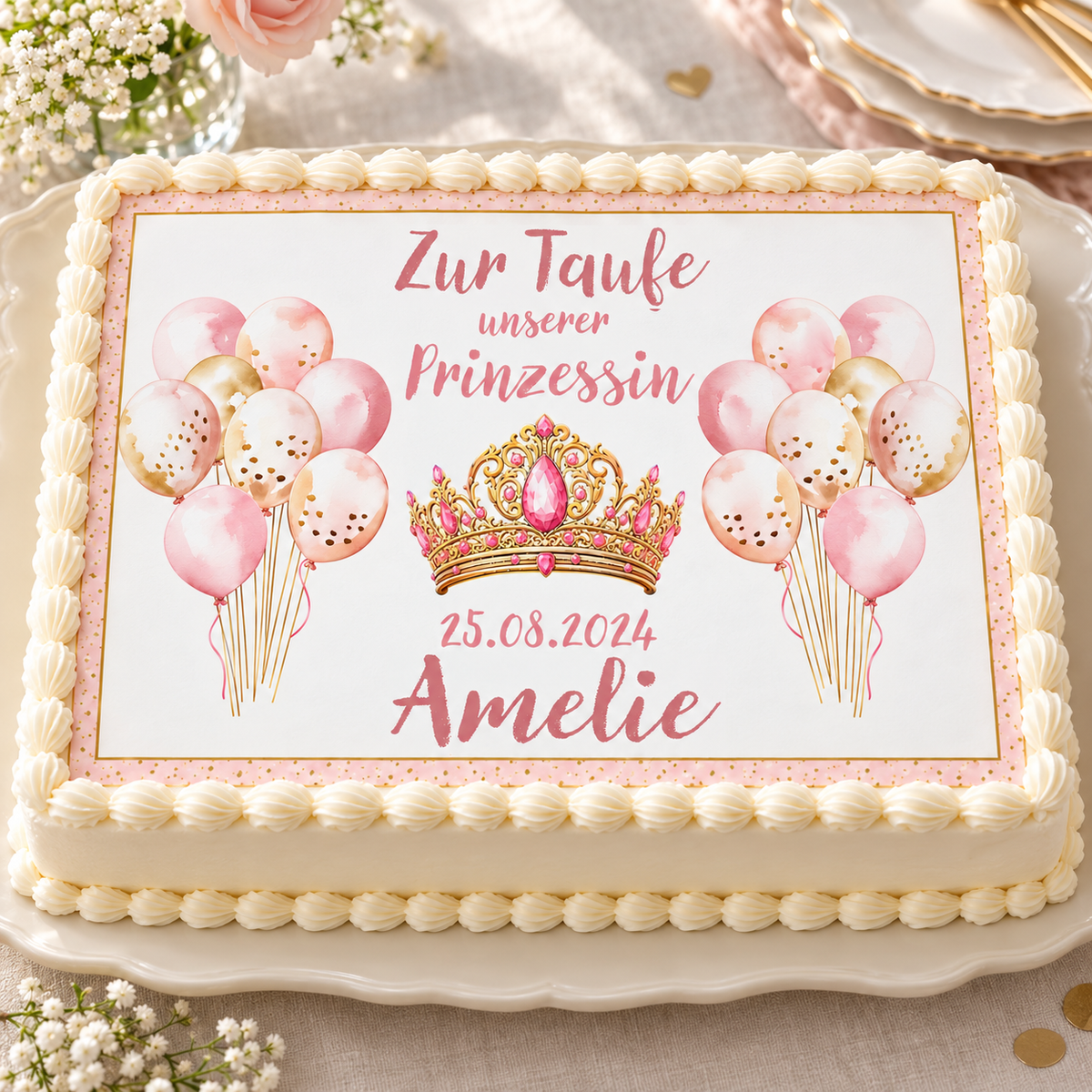MUCKKI-PRO:b7b0b81670e4f699073d5494c1cd8600ac6197752e372121a91d856e06e963cc:Tortenaufleger Taufe Prinzessin 1 Name & Datum – Eckig (28 x 20cm)