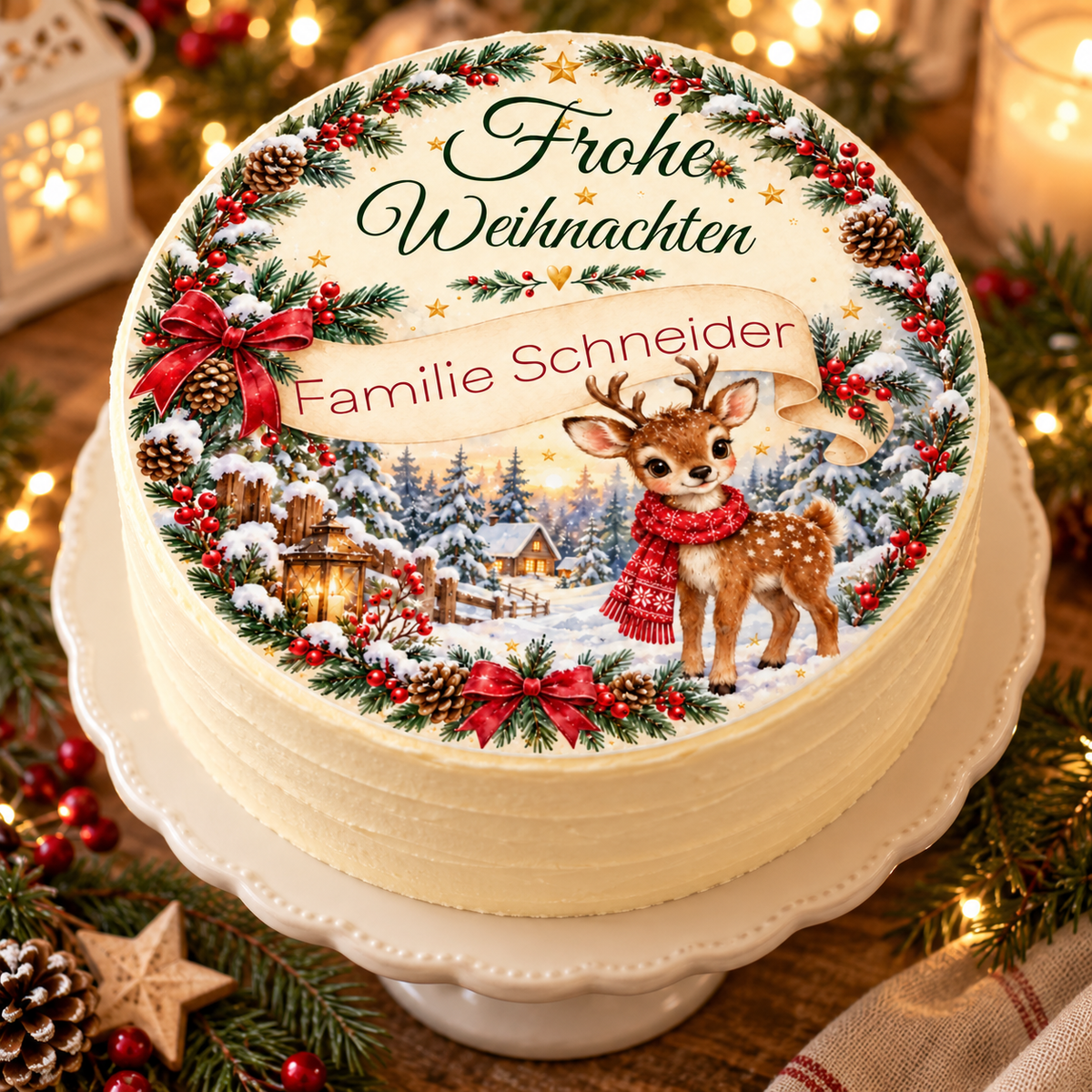 MUCKKI-PRO:23fa7d830a445a229ad31ff200badfb403a52f9a04fe53f07694b5cc18f09924:Tortenaufleger Weihnachten Rentier – personalisiert mit Familienname – versch. Formen