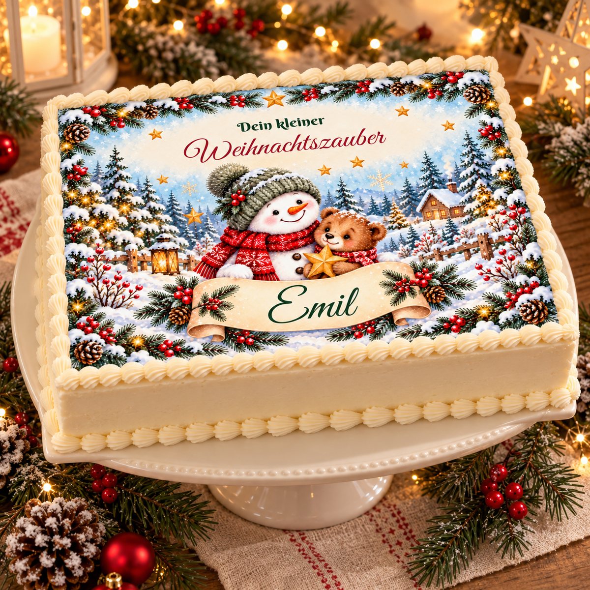 MUCKKI-PRO:04adcd58b95b2338f7d0c5079d20ff86b705507f6b7aea49bf8da046fd7880b6:Tortenaufleger Weihnachten Schneemann & Bär – personalisiert mit Wunschname – Eckig (28 x 20cm)