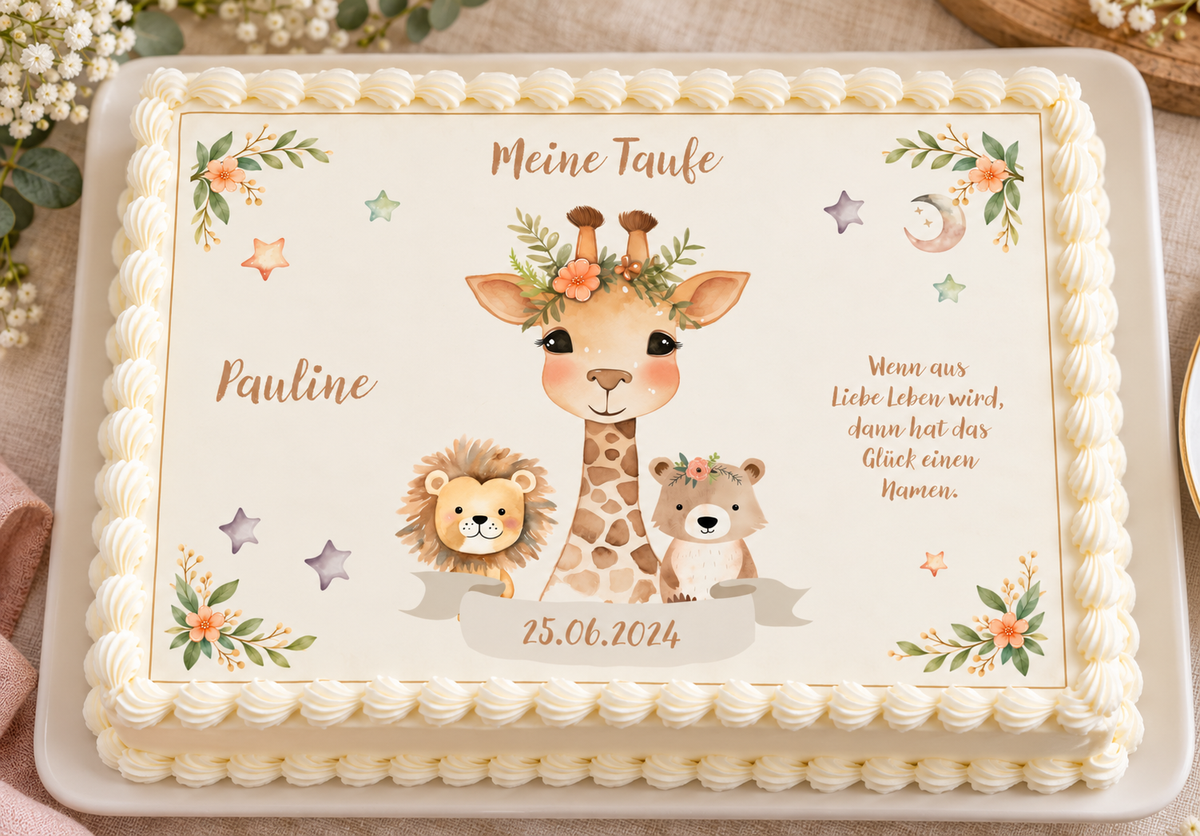 MUCKKI-PRO:f182eb83c4670b3934fa86763ce189fb2bd8442ac275aa788b4cfa731a4fd14e:Tortenaufleger Taufe Animals 1 – personalisiert mit Name & Datum – Eckig (28 x 20cm)