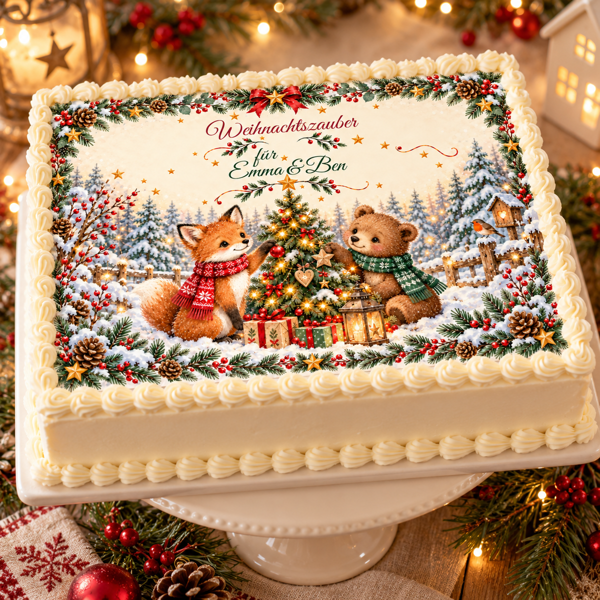 Tortenaufleger Weihnachten Fuchs & Bär – personalisiert mit Wunschnamen – versch. Formen