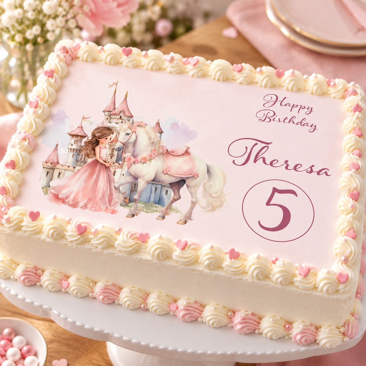 MUCKKI-PRO:795344ea000b78df23dd2bc068a1c8e6ee3712003575374e5e647e4bd35fa95f:Tortenaufleger Geburtstag Prinzessin 3 mit Name und Alter – Eckig (28 x 20cm)
