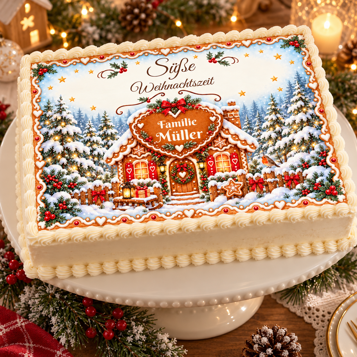 Tortenaufleger Weihnachten Lebkuchenhaus – personalisiert mit Familienname – versch. Formen