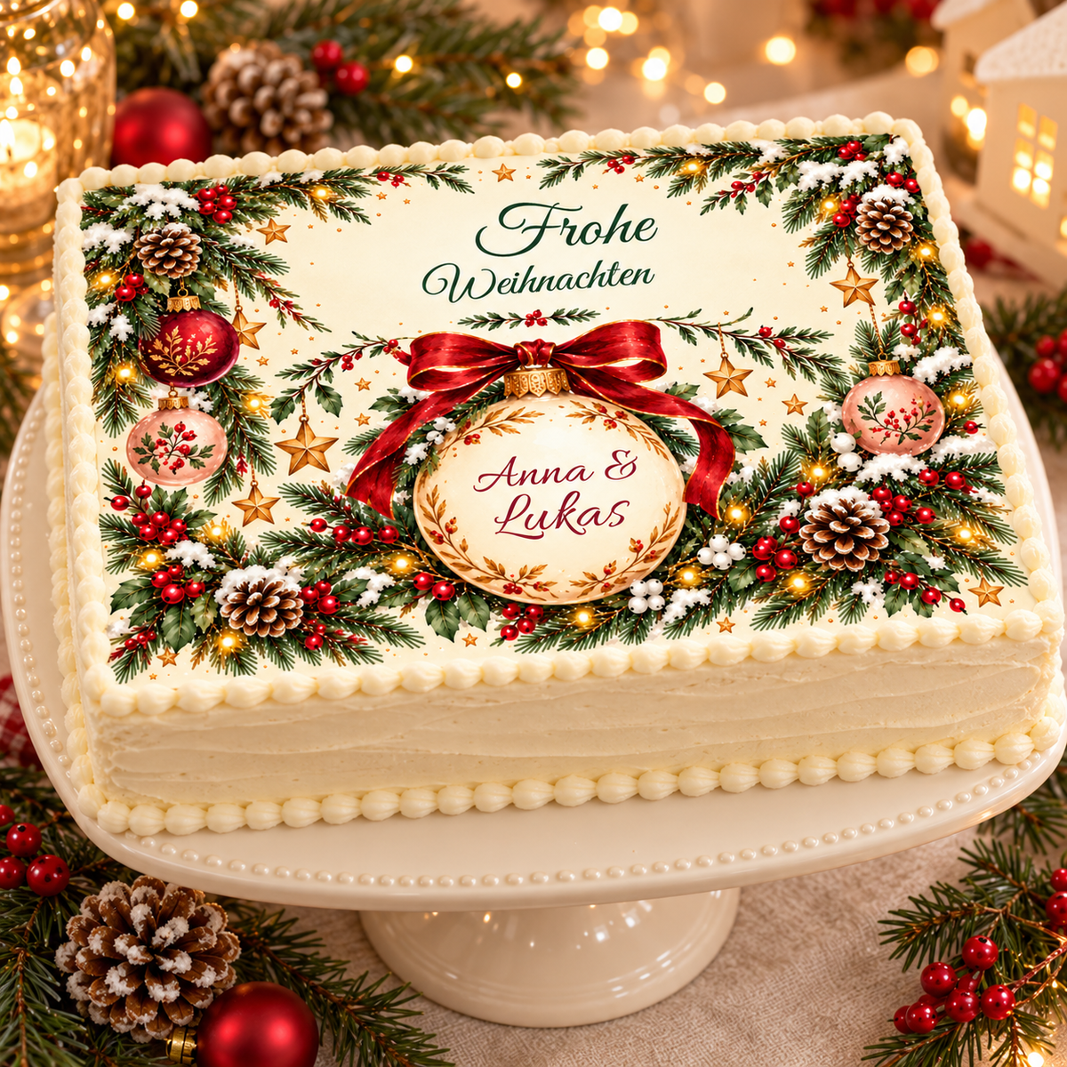 MUCKKI-PRO:b78b9d55caa0e067c157c7db9399271a680cb5626327835593dfbd8e2a88d277:Tortenaufleger Weihnachten Weihnachtskugel – personalisiert mit Wunschnamen – Eckig (28 x 20cm)