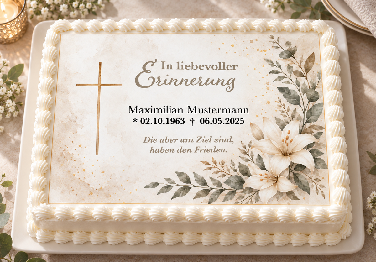 MUCKKI-PRO:64bb1f9d7d9f4bb90c06f0a5e37dfad9a72c1b687a3345213c2c460f1e6983be:Tortenaufleger Beerdigung & Trauerfeier Blüten 02 – personalisiert mit Name & Datum Fondantpapier – Eckig (28 x 20cm)