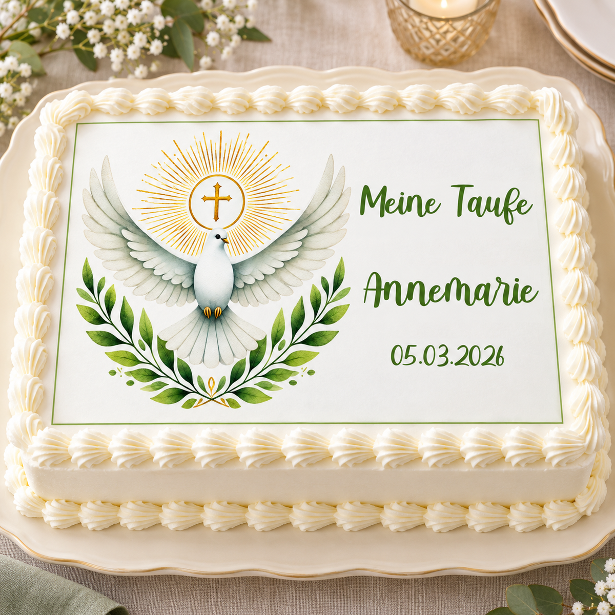 MUCKKI-PRO:97132032d1311cc06aa3f46326fc4d64c9305350ac3c8c53705c8e3b2bd75c6b:Tortenaufleger Taufe Heiliger Geist 1 Name & Datum – Eckig (28 x 20cm)