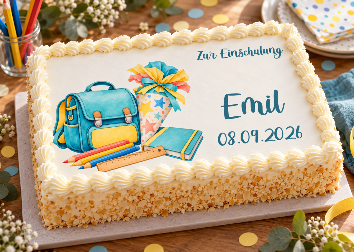 Tortenaufleger Einschulung Schulstart 1 mit Name und Datum – Eckig (28 x 20cm)