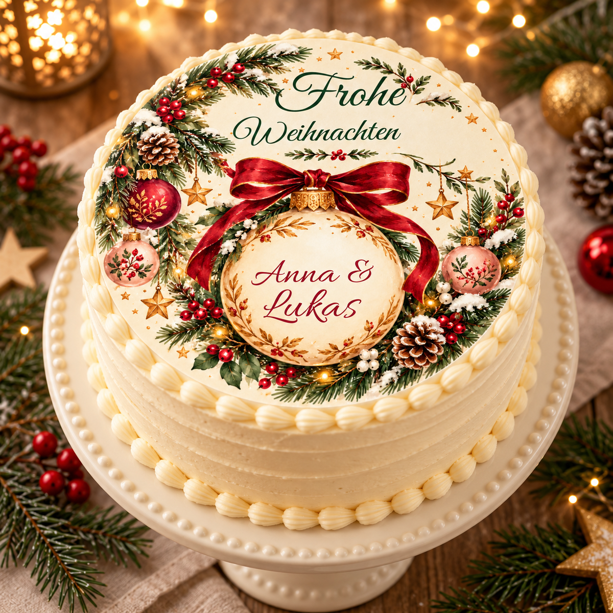 MUCKKI-PRO:e9d6c13de031d1aa9c1b03afb88c459ba56f1f49736e040199827cdf480f6e34:Tortenaufleger Weihnachten Weihnachtskugel – personalisiert mit Wunschnamen – versch. Formen