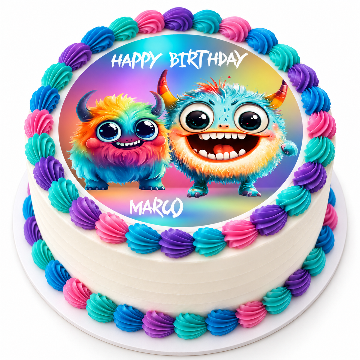 MUCKKI-PRO:30daf1051b361451e9f73d37f0a285ef892fa4680f79d0acf0e5e2d9ab0d9fe7:Tortenaufleger Geburtstag Kleines-Monster 1 Name & Zahl (20cm) Fondant Papier