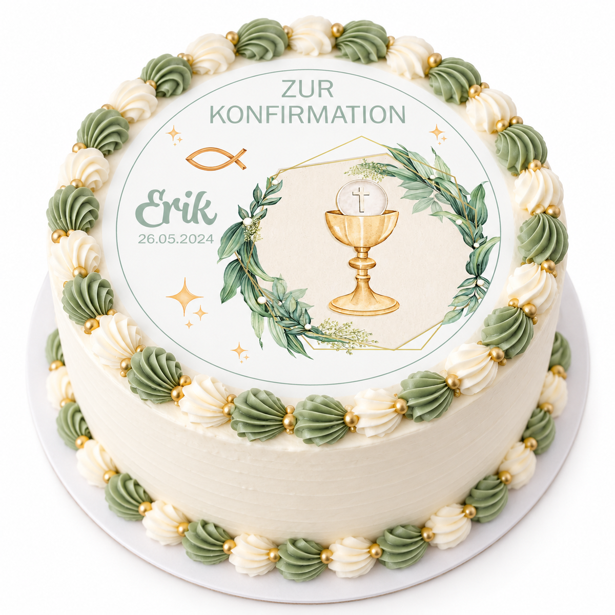 MUCKKI-PRO:79a48d7254d3a62597bace464aba288016b264fbd021bef32b695c73bef0dc9a:Tortenaufleger Konfirmation Kelch 1 Name & Datum (20cm)