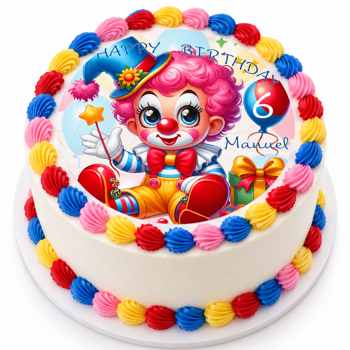 MUCKKI-PRO:a993b6d408469c6944aece8da68d6035384fcb816e15d8a420198cfe49336973:Tortenaufleger Geburtstag Clown-Party 1 Name & Zahl (20cm) Fondant Papier