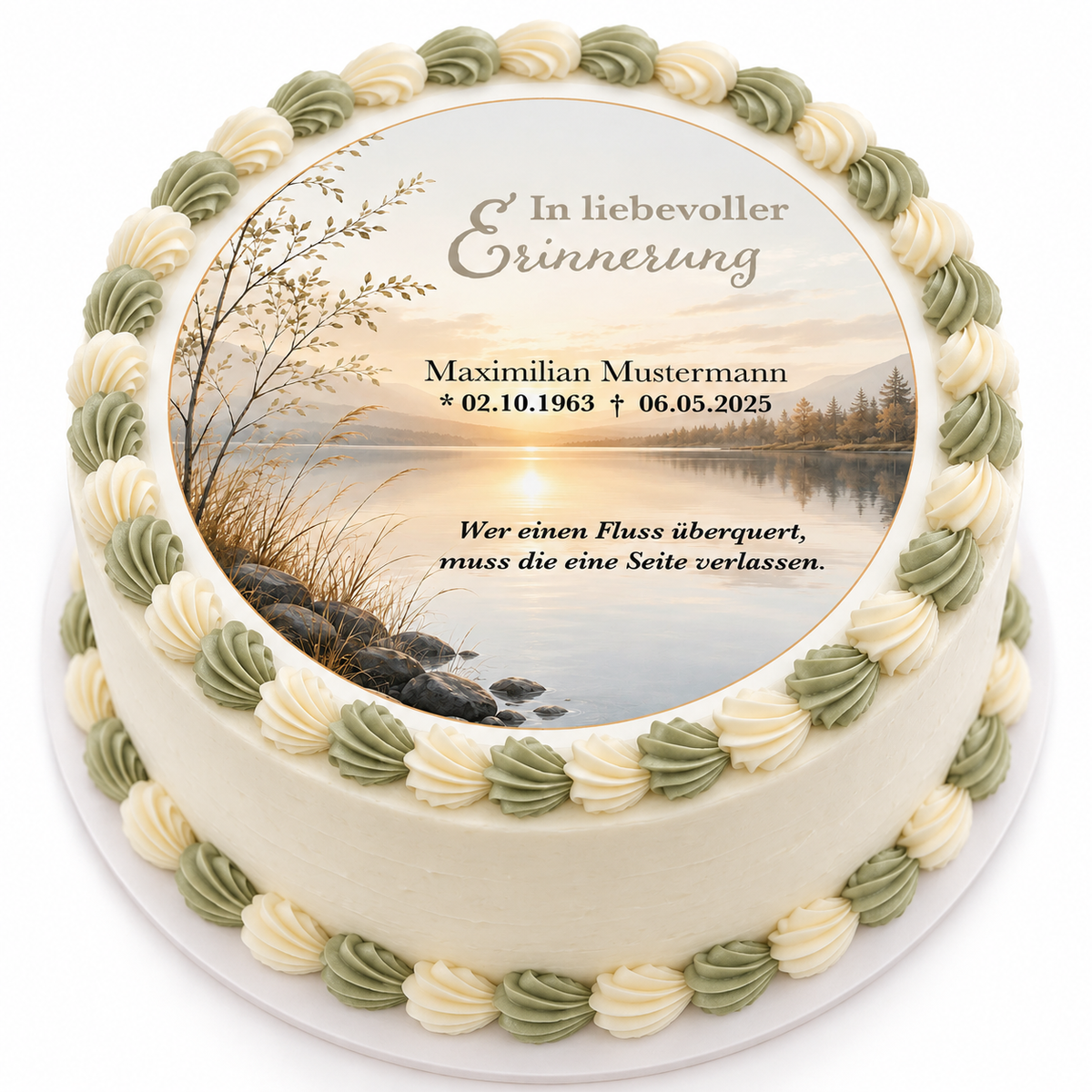 MUCKKI-PRO:448dd35edf85858005bd6241d905545873563d7d4015d4ca3b68bb729c9c0afb:Tortenaufleger Beerdigung & Trauerfeier See 01 – personalisiert mit Name & Datum