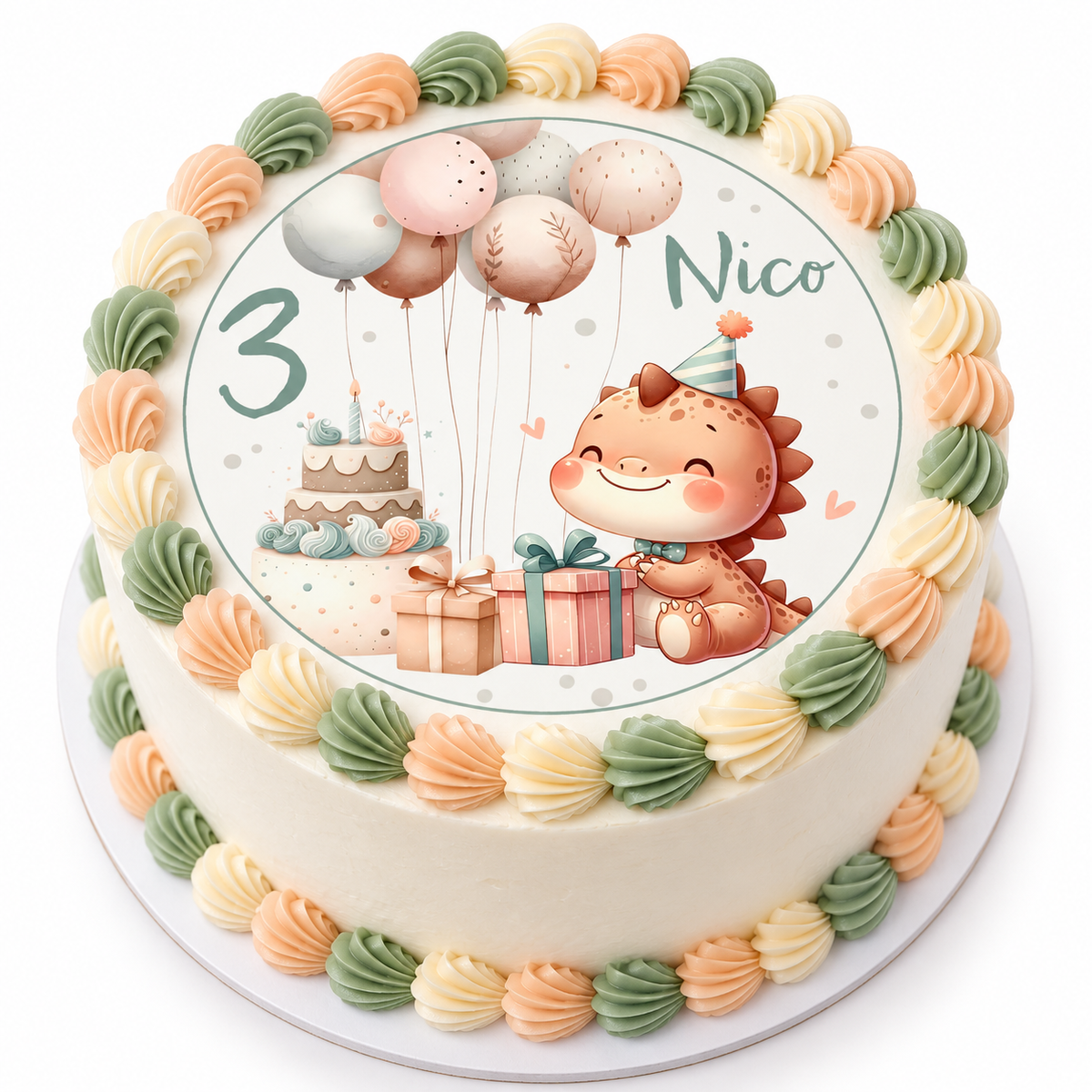 MUCKKI-PRO:0e6909f2dff40c3d08240647eb8399eb2a3efa784865efe90dfd73d85fe5eb83:Tortenaufleger Geburtstag Dino 4 Name & Zahl (20cm)