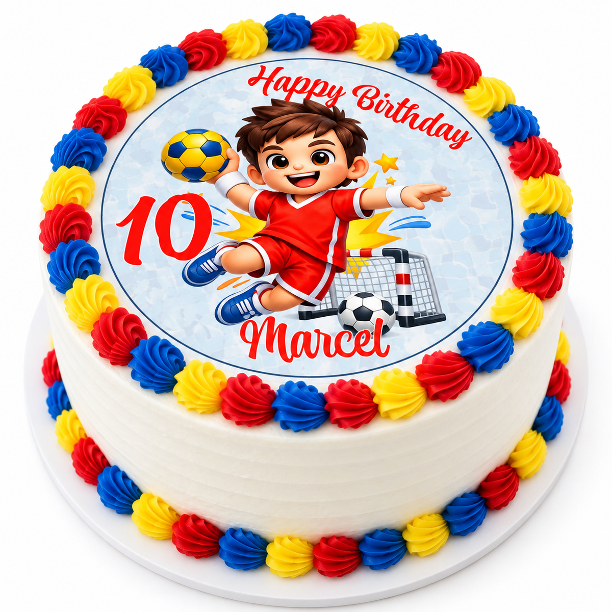MUCKKI-PRO:447409f410771b5f39905c4cf3a65403527439007f1c9fcfa82ebd23a966c922:Tortenaufleger Geburtstag Handball 1 Name & Zahl (20cm) Fondant Papier