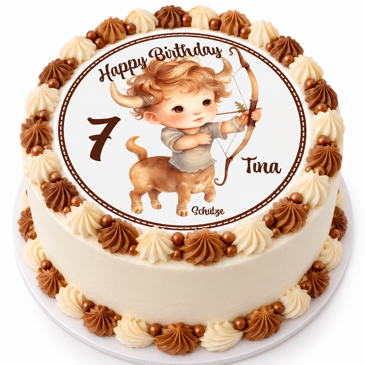 MUCKKI-PRO:6f621b30f34a7544a838cbe98076812f29161dcb90b4ab36644771488d954164:Tortenaufleger Geburtstag Sternzeichen Schütze 1 Name & Zahl (20cm) Fondant Papier