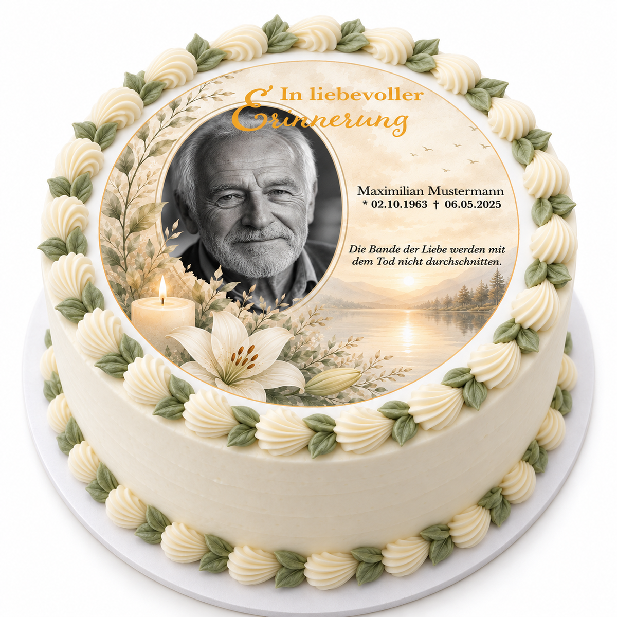MUCKKI-PRO:23fa585cbd9547186c85543caa8b29b9769de3ee25b5cc751c5af794b66f4747:Tortenaufleger Beerdigung & Trauerfeier Kerze mit Bild – personalisiert mit Foto, Name & Datum