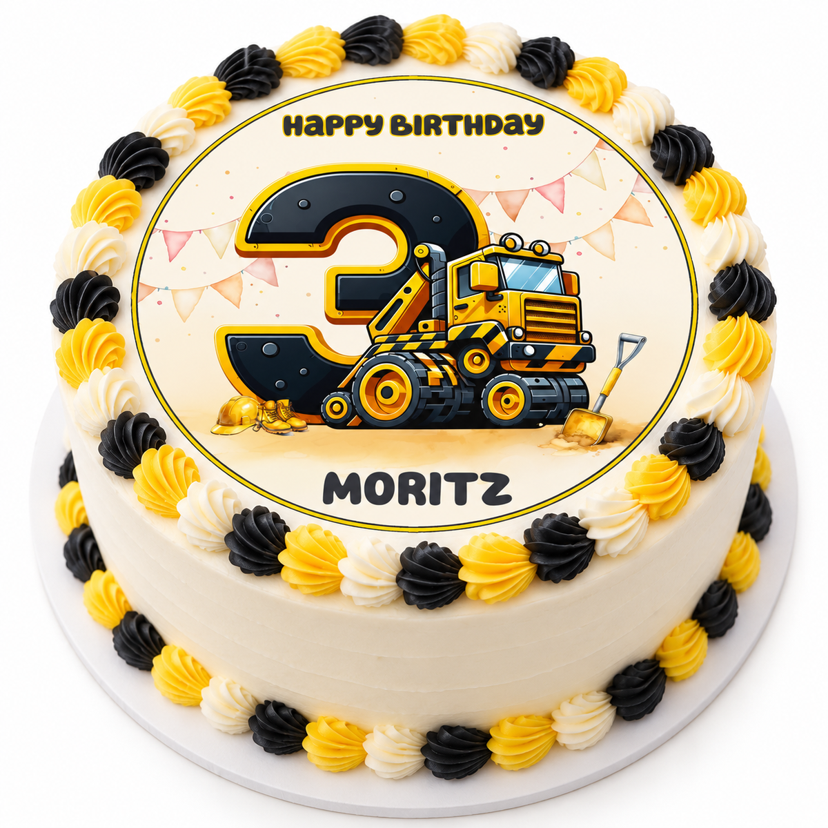 MUCKKI-PRO:bd7a83d2c149b5e23200678da4b913198ea6c952e72e3242e4a7af57e045e189:Tortenaufleger Geburtstag Baufahrzeug 2 Kipper Baustelle Name & Zahl (20cm) Fondant Papier