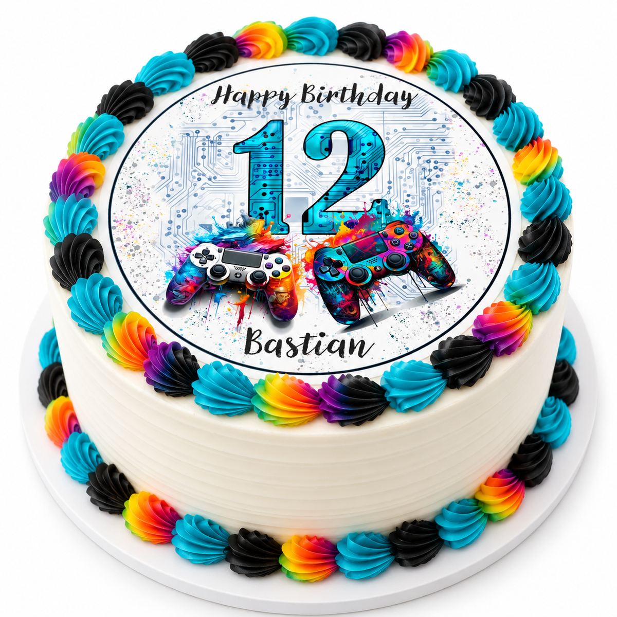 MUCKKI-PRO:e69cc2d0ed4763335ccc7e099bd8bced79eefdea48e72edd7eaf43f855446da6:Tortenaufleger Geburtstag Gamer Controller Personalisiert 1 Name & Zahl (20cm)