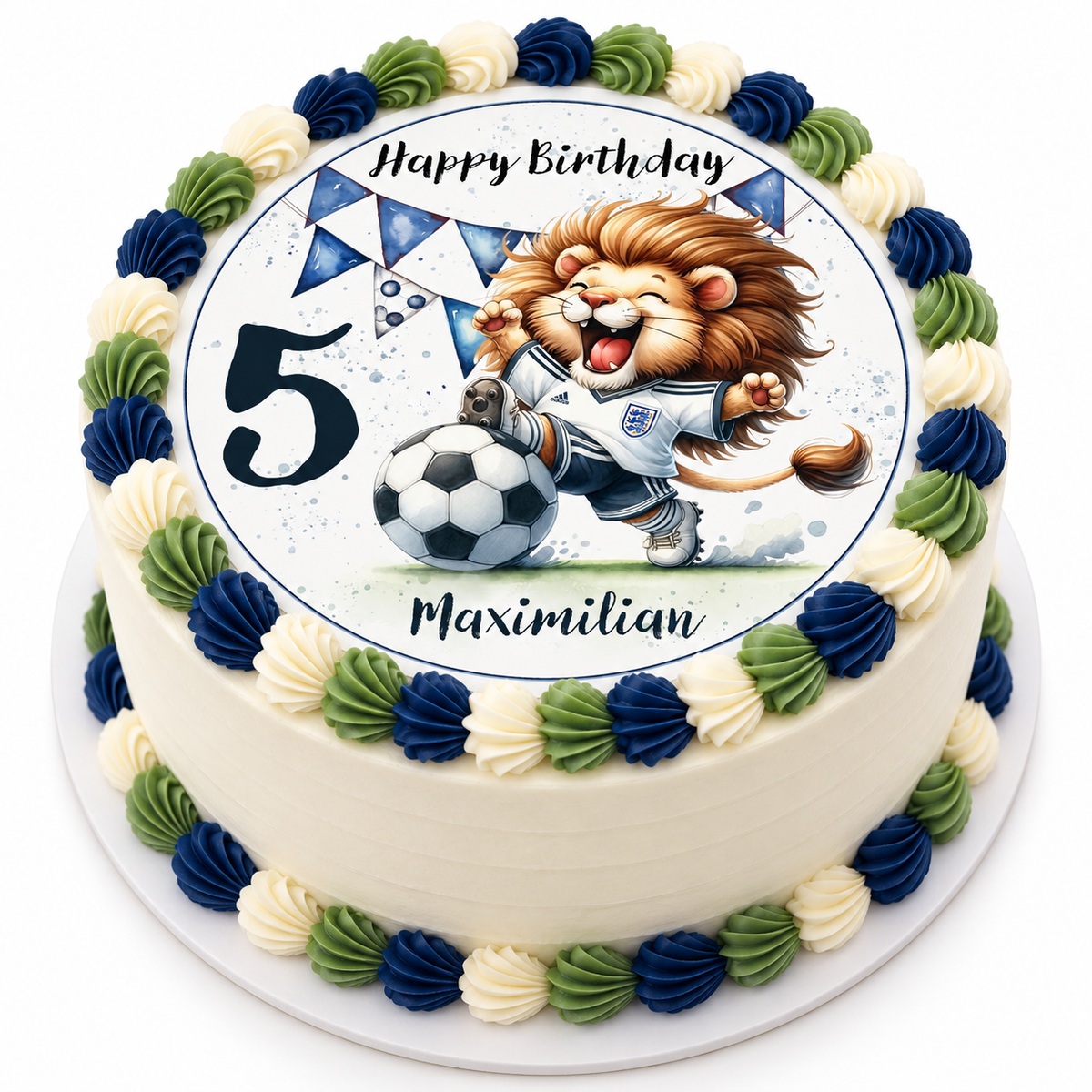 MUCKKI-PRO:9c5493a081360a8d340c5255647b6f830fbb4efca55d4a30490627eadf97a586:Tortenaufleger Geburtstag Fußball 7 Löwe Name & Zahl (20cm) Fondant Papier