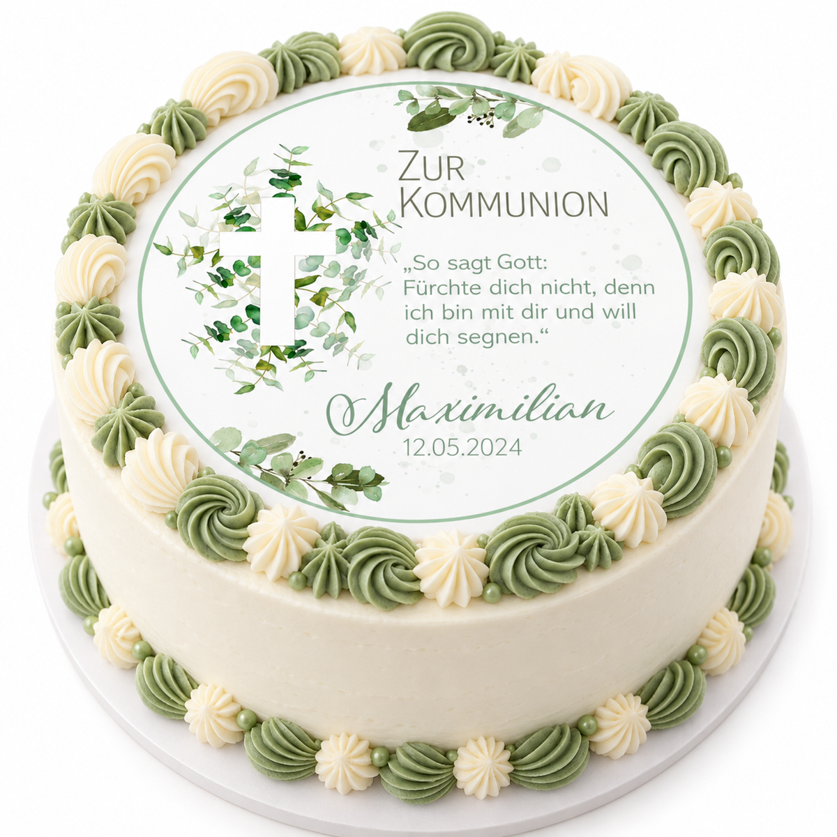 MUCKKI-PRO:0443a59d10954f06f1416c95907ef0f7ec3aef97c6bb0f08b5c88d766d57eb7a:Tortenaufleger Kommunion Kreuz 1 Name & Datum (20cm)