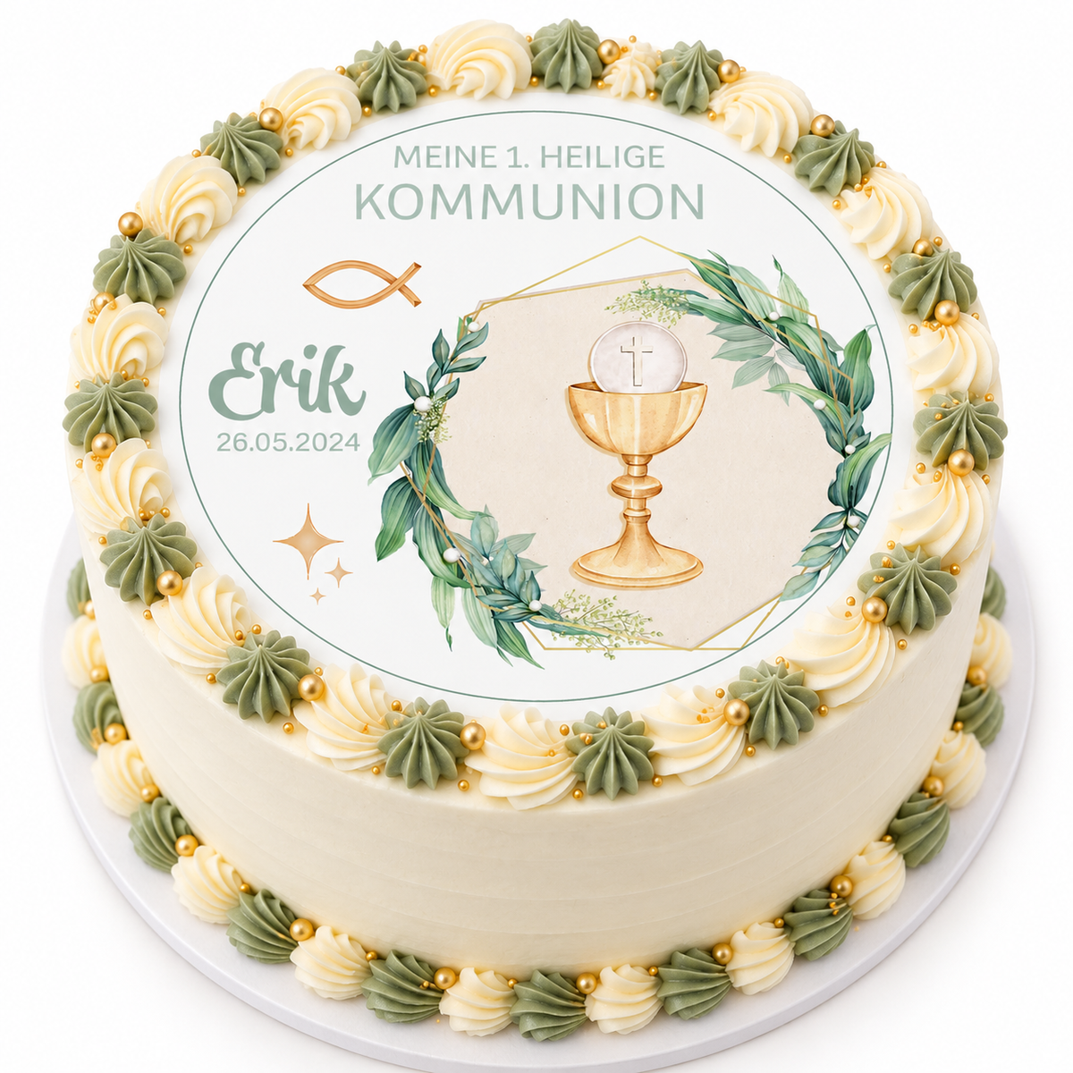 MUCKKI-PRO:f3331d1d11994b84f86e6749530e2c398d6bfe62ffb6e1e0665395159590c607:Tortenaufleger Kommunion Kelch 1 Name & Datum (20cm)