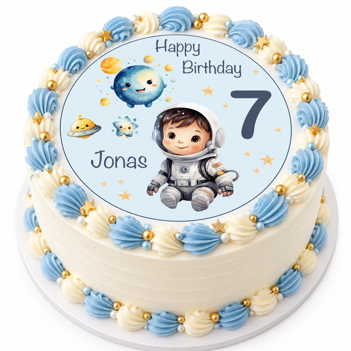 MUCKKI-PRO:651ee87613370083b6d219fd06b5f4ddba2e045dba442ef67f2aada6d5ba7294:Tortenaufleger Geburtstag Astronaut 2 Name & Zahl (20cm)