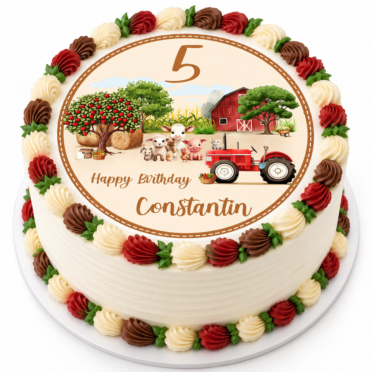MUCKKI-PRO:1905e5de00661aceeeee73fbfe6fbcb88e5d26878c64877fc252a61663a2b097:Tortenaufleger Geburtstag Bauernhof 1 Name & Zahl (20cm) Fondant Papier