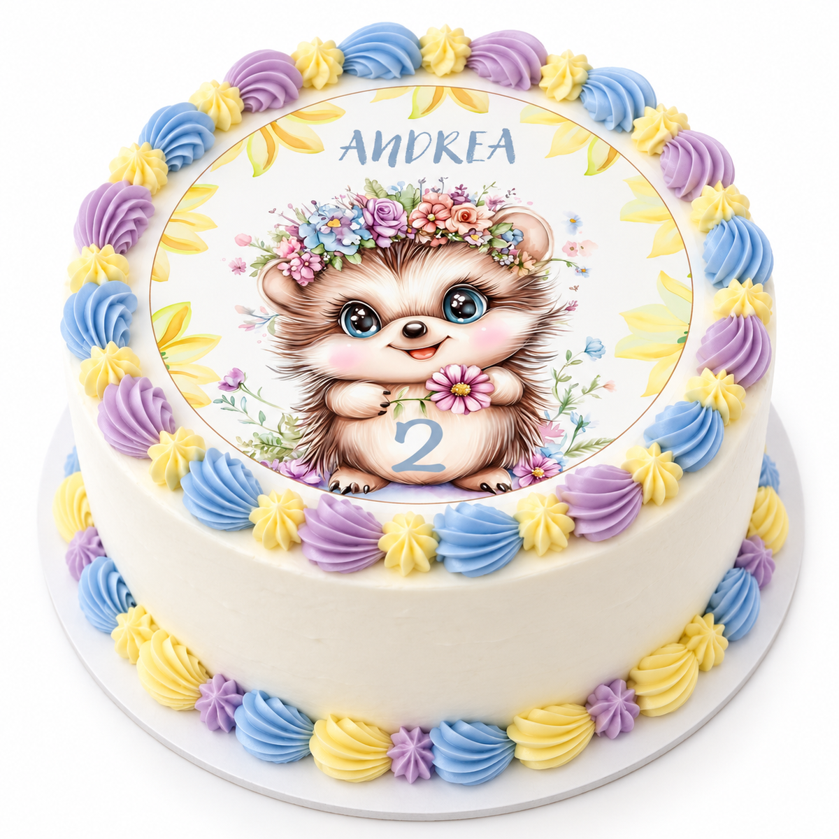 MUCKKI-PRO:1bae354b96d57d48a2b4b329367c458d72ae370f3502ada87b40baf7cc823b15:Tortenaufleger Geburtstag Igel 2 Name & Zahl (20cm) Fondant Papier