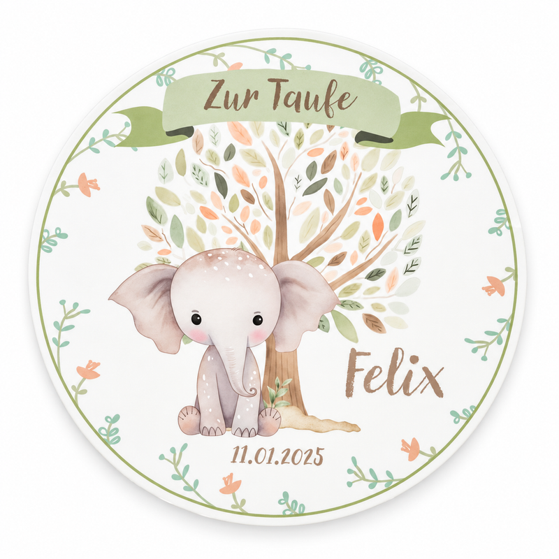 Tortenaufleger Taufe Elefant 1 Name & Datum (20cm)