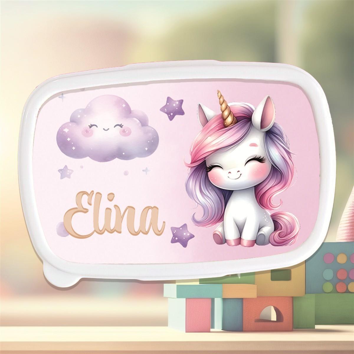 Brotdose mit Namen Einhorn 01 – Personalisierte Lunchbox für Schule & Kindergarten versch. Farben