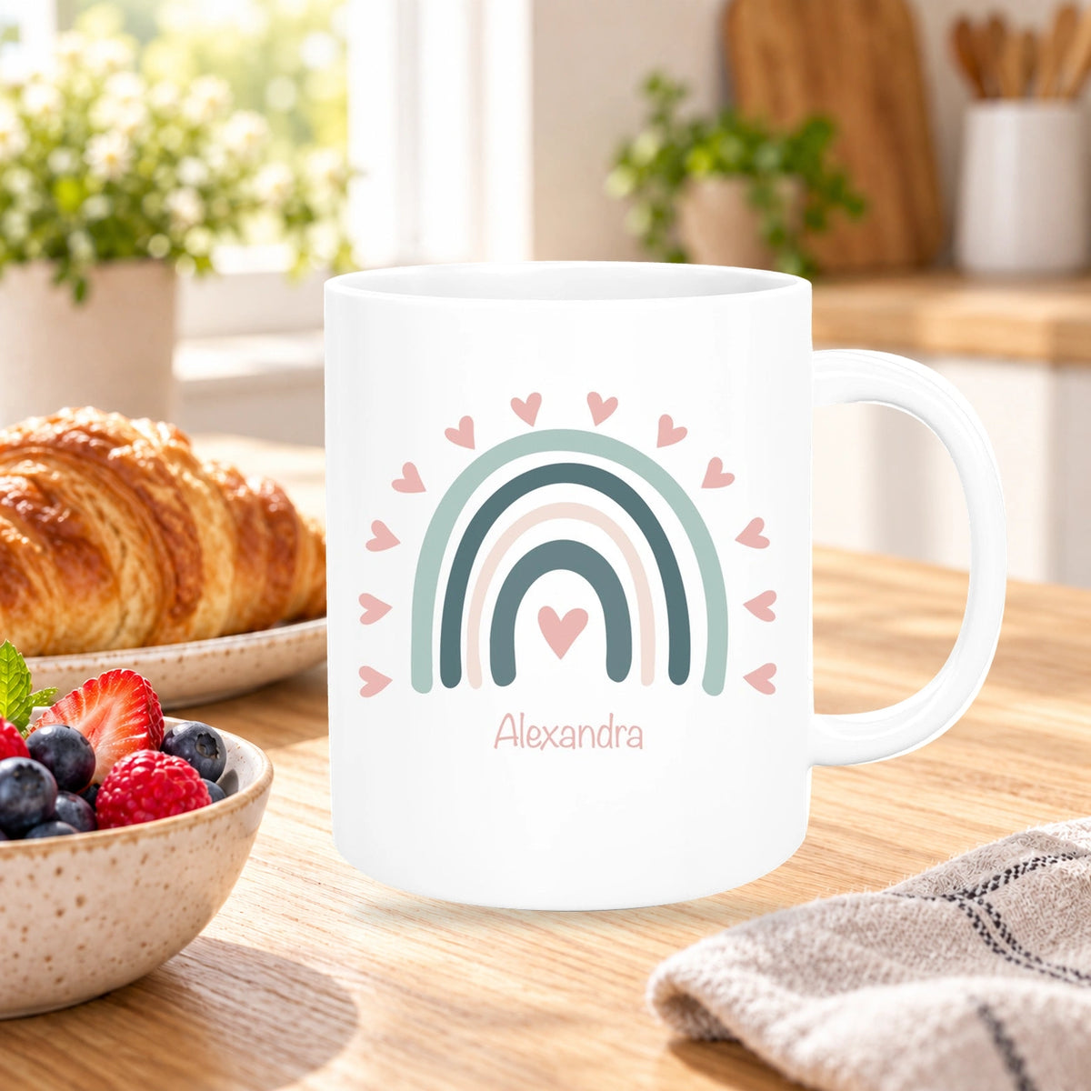 MUCKKI-PRO:526a3efa017418a03f108176f0135558189a03ad0da05b934bd41c25fad81fdf:Tasse Wunschname Regenbogen 4 Keramik Kinderbecher versch. Farben