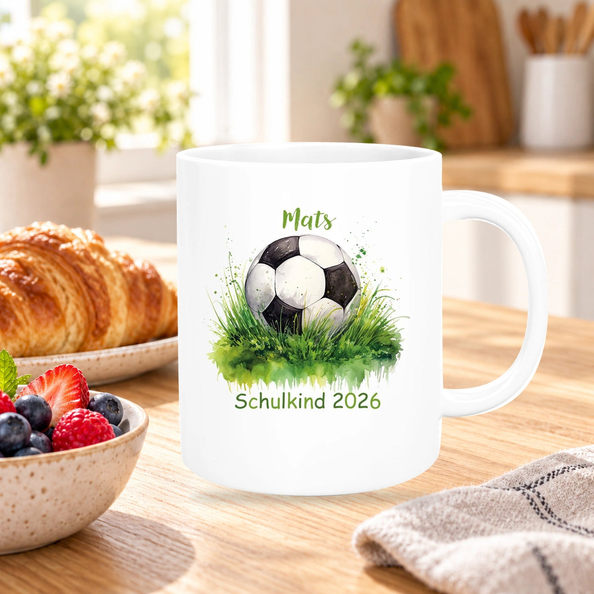 Tasse Schulkind 12 Wunschname Fußball1 Keramik Kinderbecher Personalisiert versch. Farben