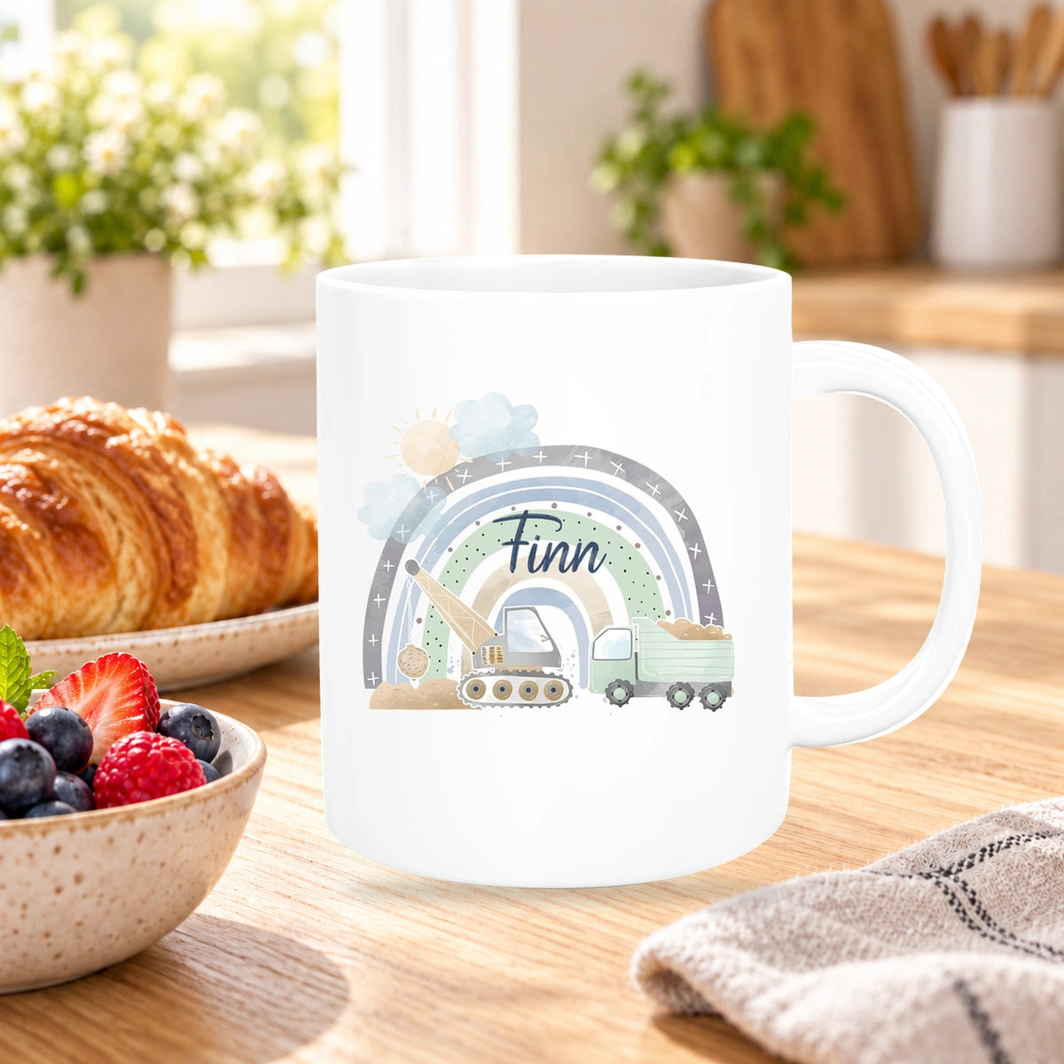 MUCKKI-PRO:07d82a71aa8f0073c087bea21b085341fffd1439d460c2e47974d8b17b917c28:Tasse Wunschname Baustelle Regenbogen 1 Keramik Kinderbecher versch. Farben