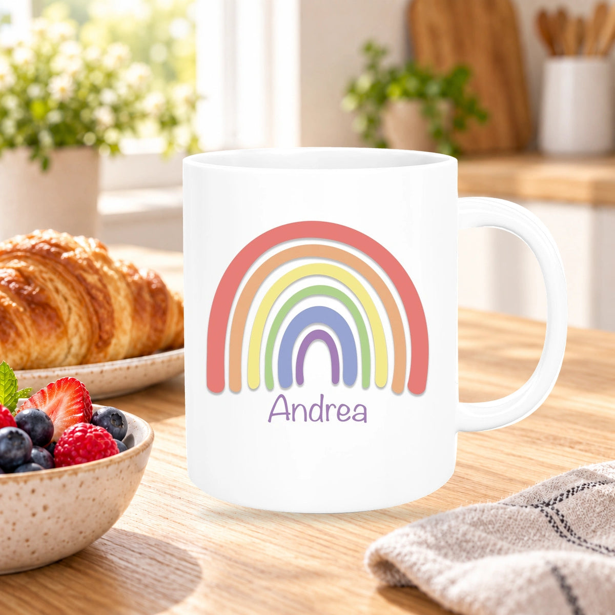 MUCKKI-PRO:b470a3ccba90a12045468f34b0608900cd28b1359477f9b7365ee9ea37fde2dd:Tasse Wunschname Regenbogen 1 Keramik Kinderbecher versch. Farben