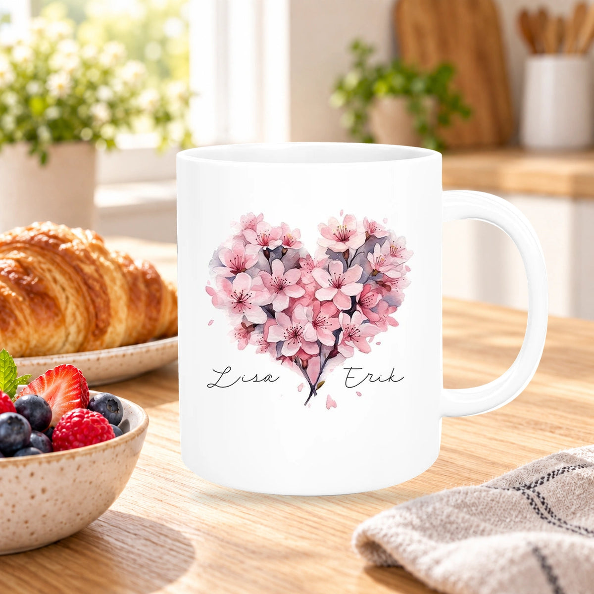 Tasse Liebe - Kirschblüten-Herz Valentinstag Wunschnamen Keramik personalisiert versch. Farben