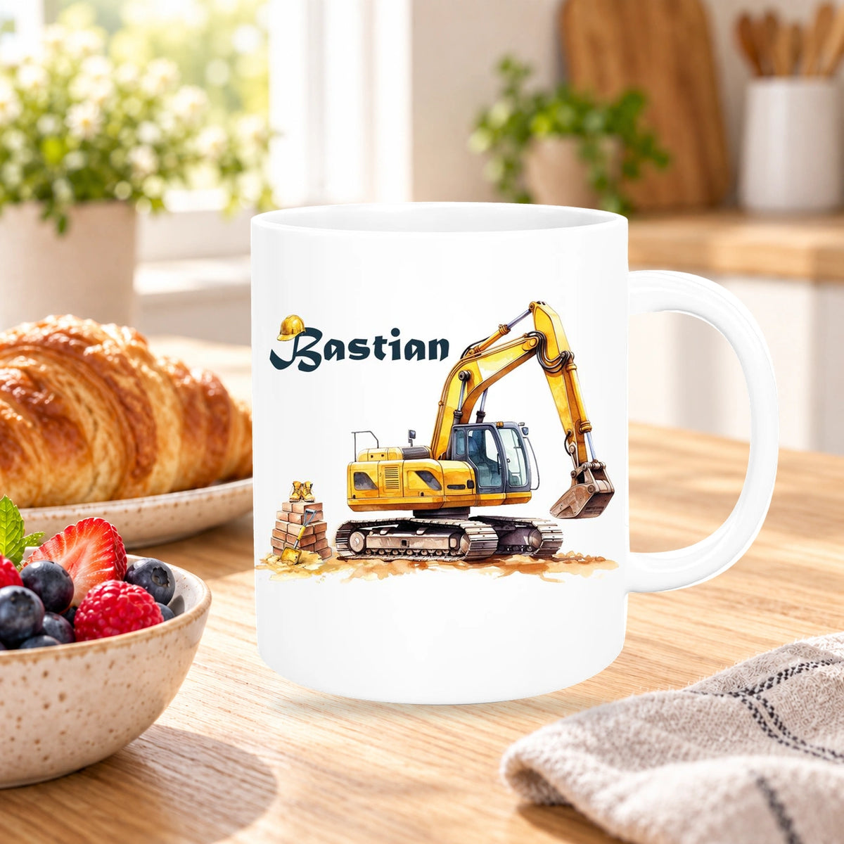 Tasse Wunschname Baustelle Bagger Keramik Kinderbecher versch. Farben