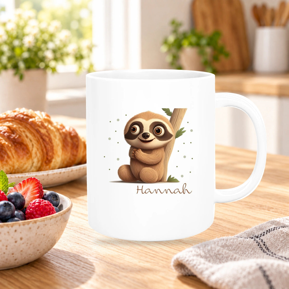 Tasse Wunschname Faultier-Baum Keramik Kinderbecher versch. Farben