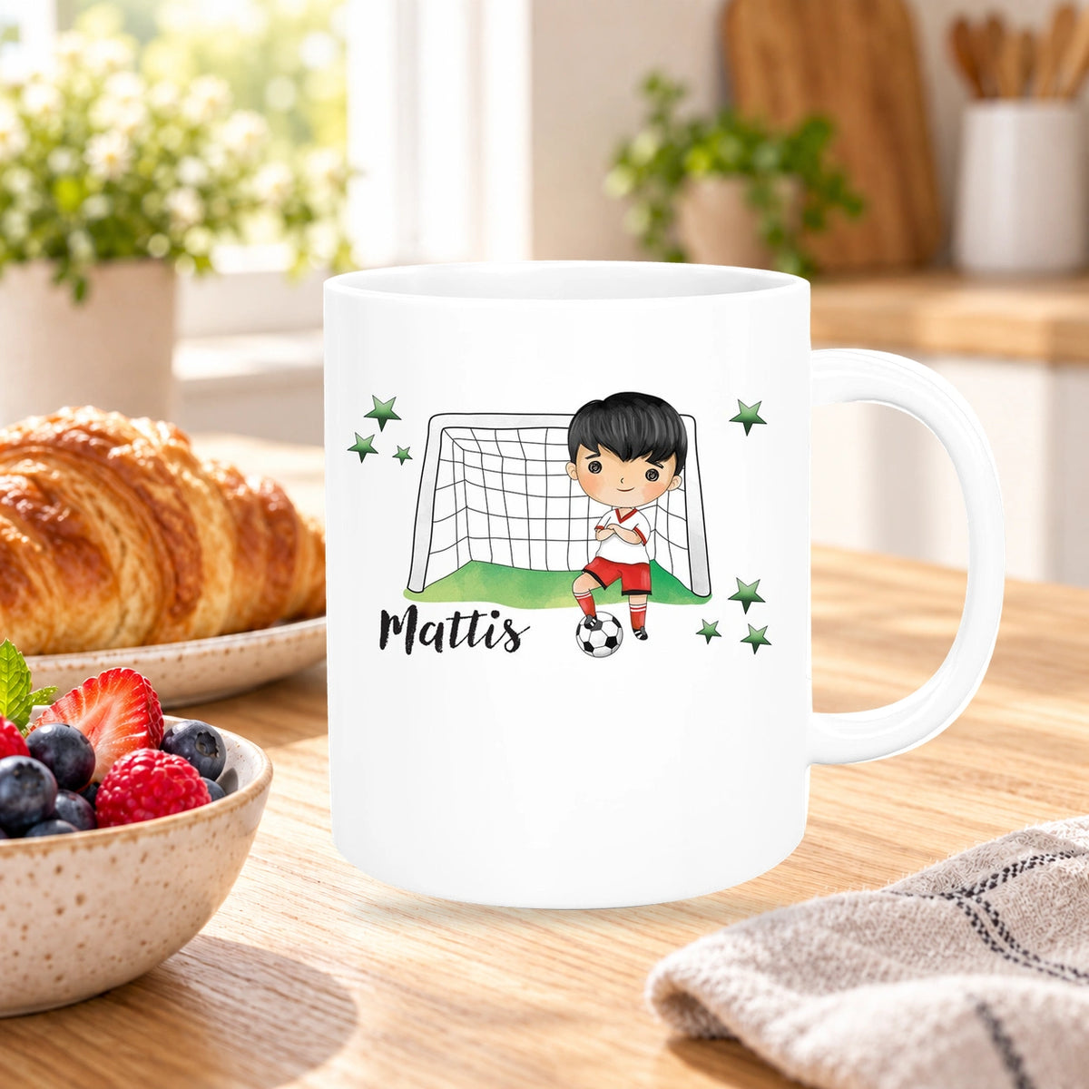 Tasse Fußball 2 Wunschname Keramik Kinderbecher personalisiert versch. Farben